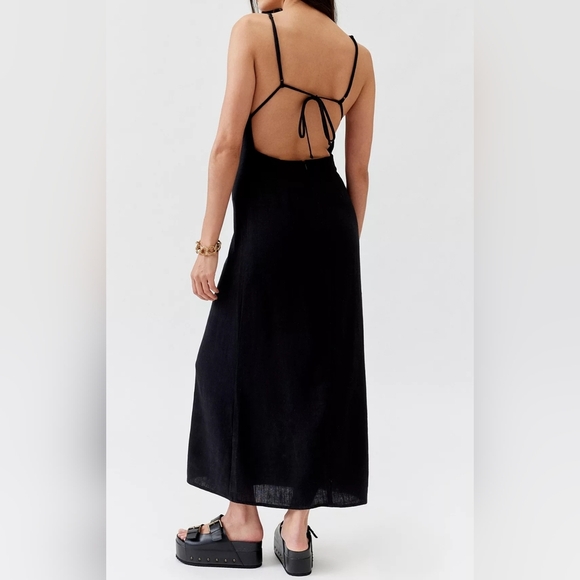 Urban Renewal Remnants Slub Linen Open-Back Up-Cycled Midi Dress, Black, XS - Picture 3 of 12